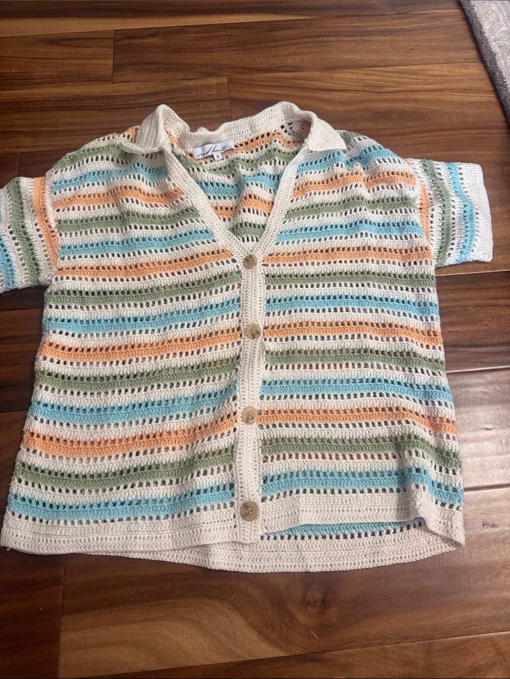 Red Haute Cream Crochet Button-Front Top with Blue, Orange & Green Stripes